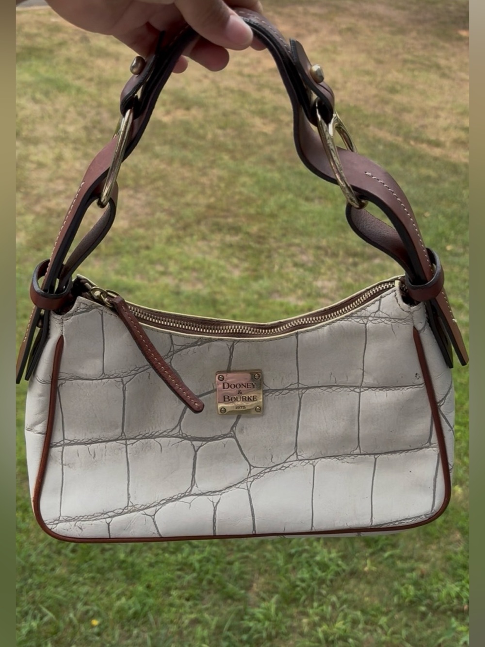 Dooney & Bourke Croc-Embossed Shoulder Bag in White & Brown